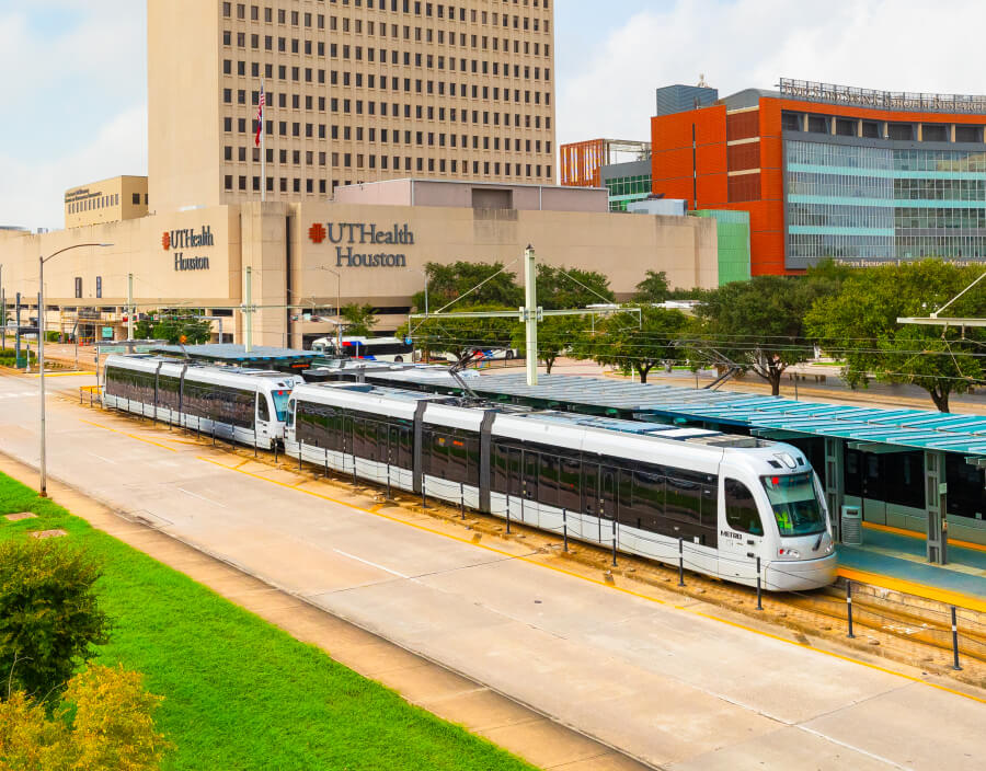 The METRORail Red Line train at the TMC Transit Center in Houston, Texas